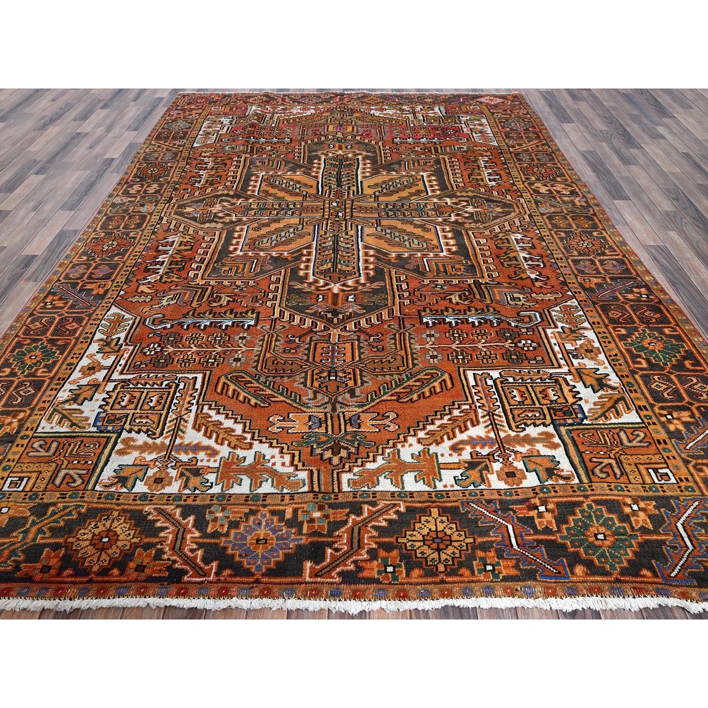 8'2"X11'2" Orange Semi Antique Zoroastrian Heris Hand Knotted Wool Rug