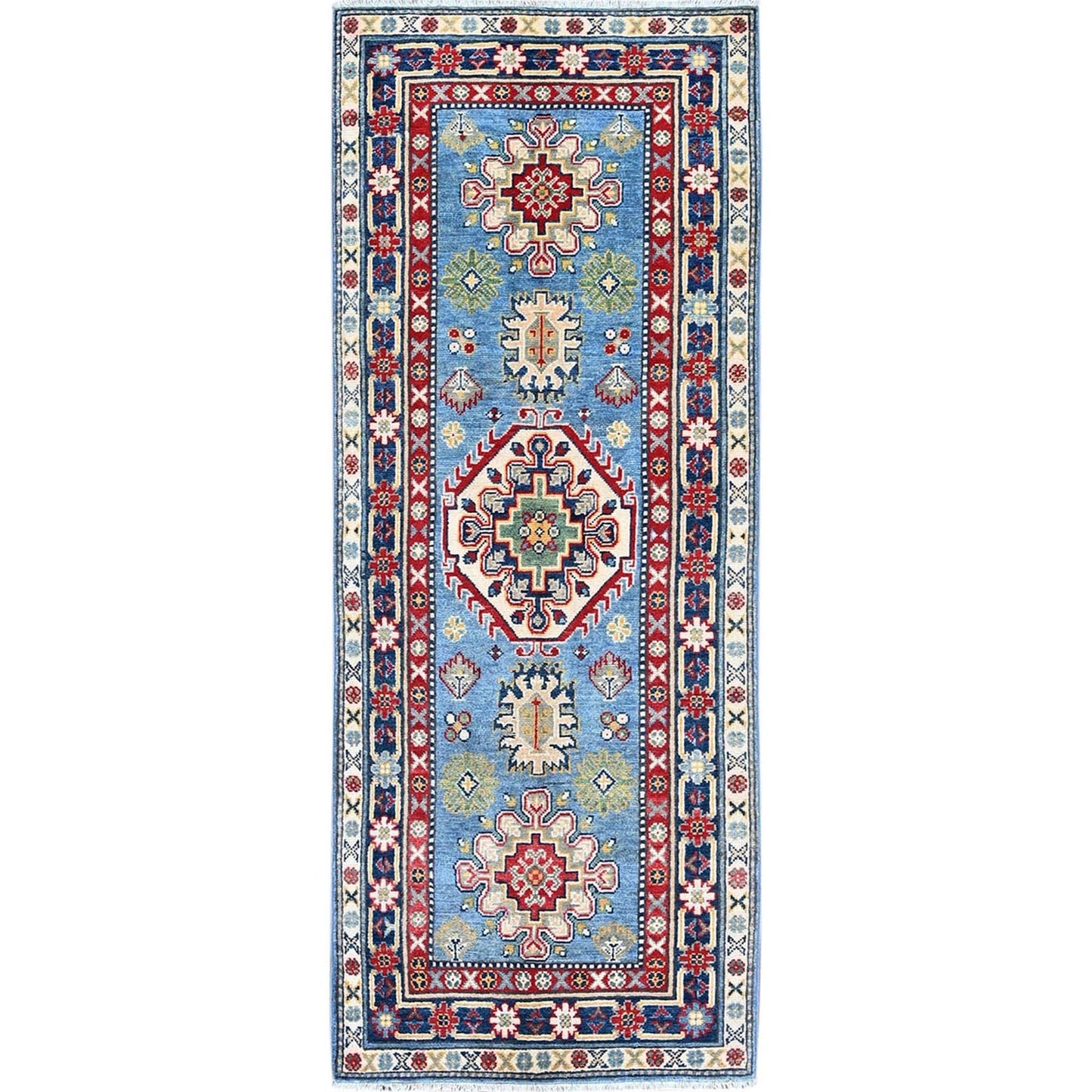 2'7"X6'7" Blue Kazak With Tribal Design Soft Wool Hand Knotted Runner Rug