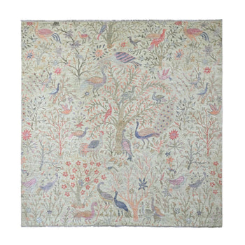 8'X8' Swamp Green Hand Knotted Peshawar Birds Design Soft Wool Square Rug