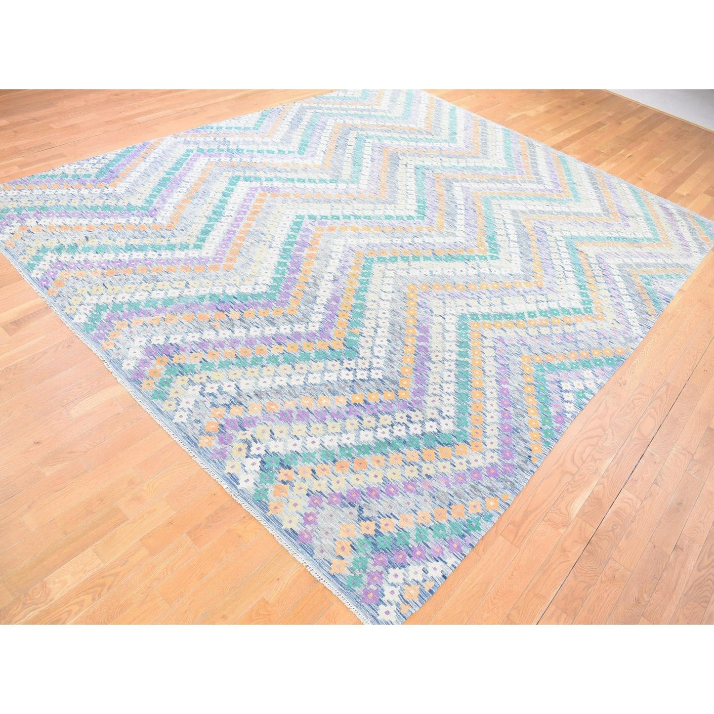 10'3"X13'2" Blue Afghan Kilim Flat Weave Pure Wool Hand Knotted Rug