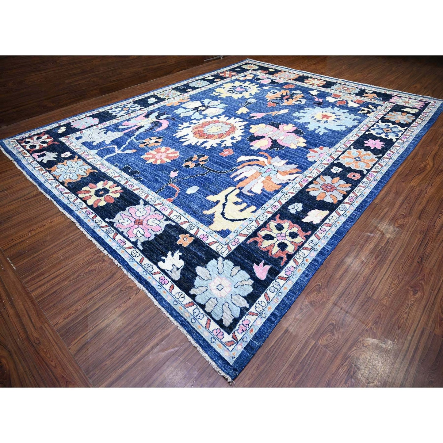 12'X15'2" Blue Pure Wool Hand Knotted Afghan Angora Oushak Oversized Rug