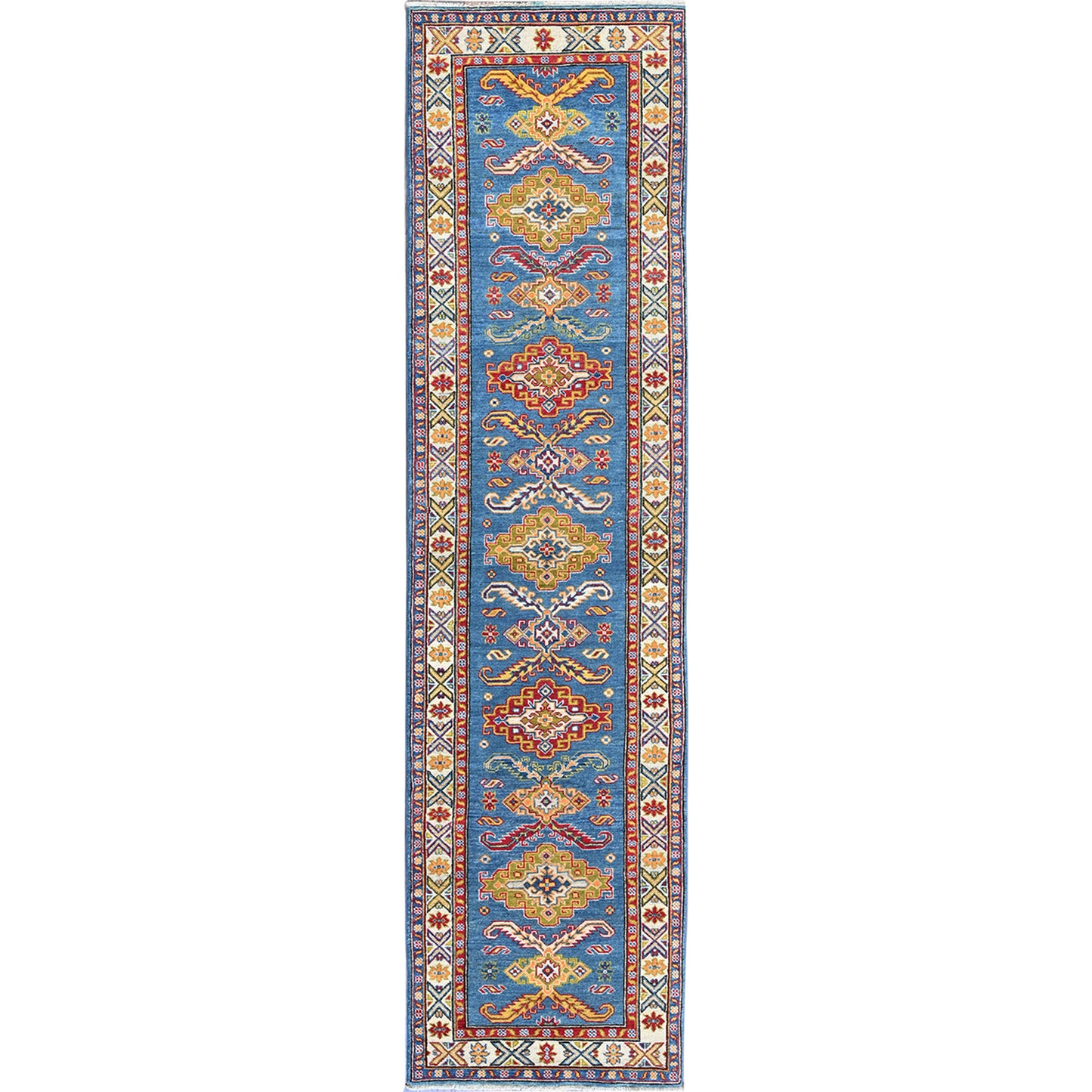 2'9"X11'2" Blue Kazak Hand Knotted Soft Wool Runner Oriental Rug