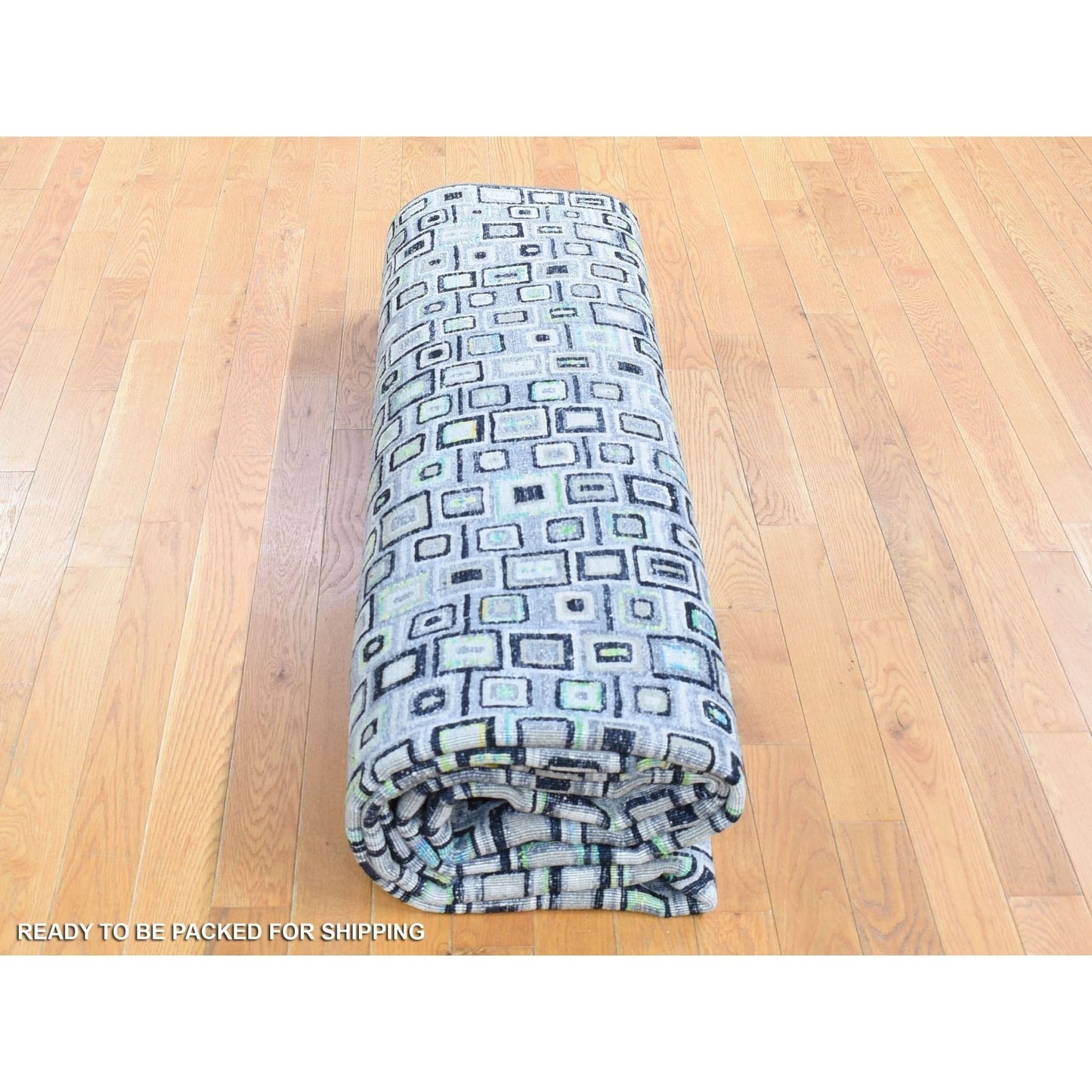 9'X12'3" Gray Silk With Wool Psefas Square Design Hand Knotted Rug