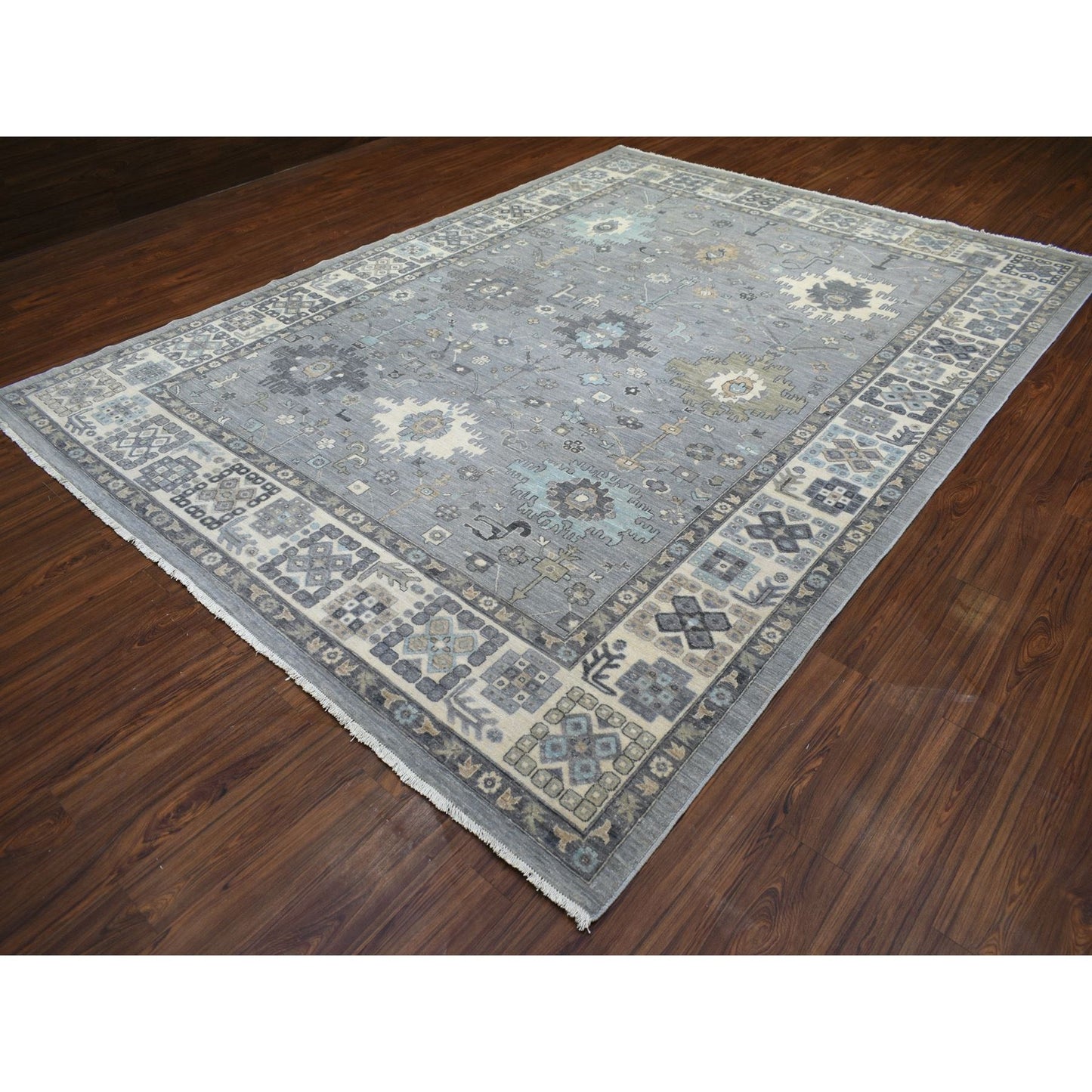 9'X12' Gray Afghan Wool Hand Knotted Fine Peshawar Densely Woven Rug