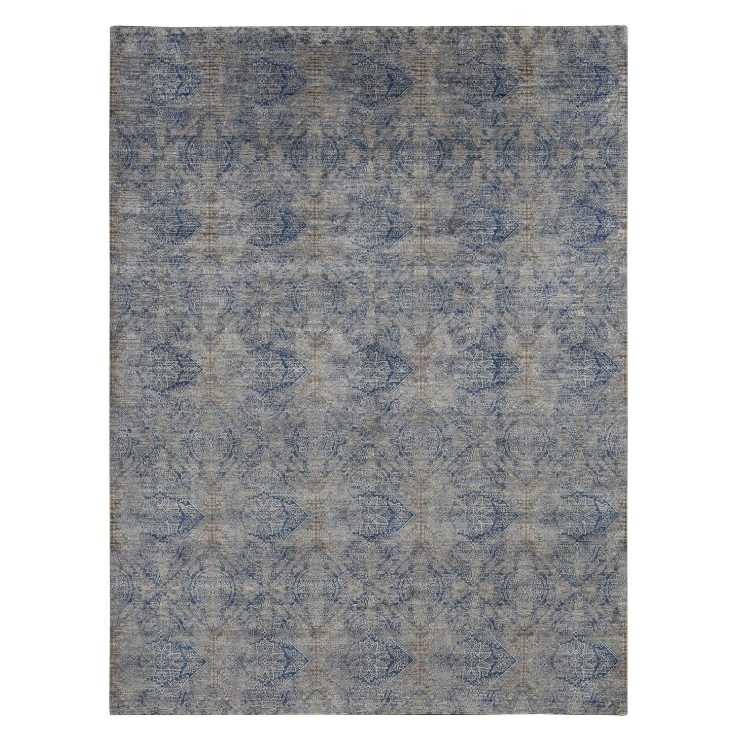 9'X12' Wolf Gray Broken Rosette Design Wool And Silk Hand Knotted Rug