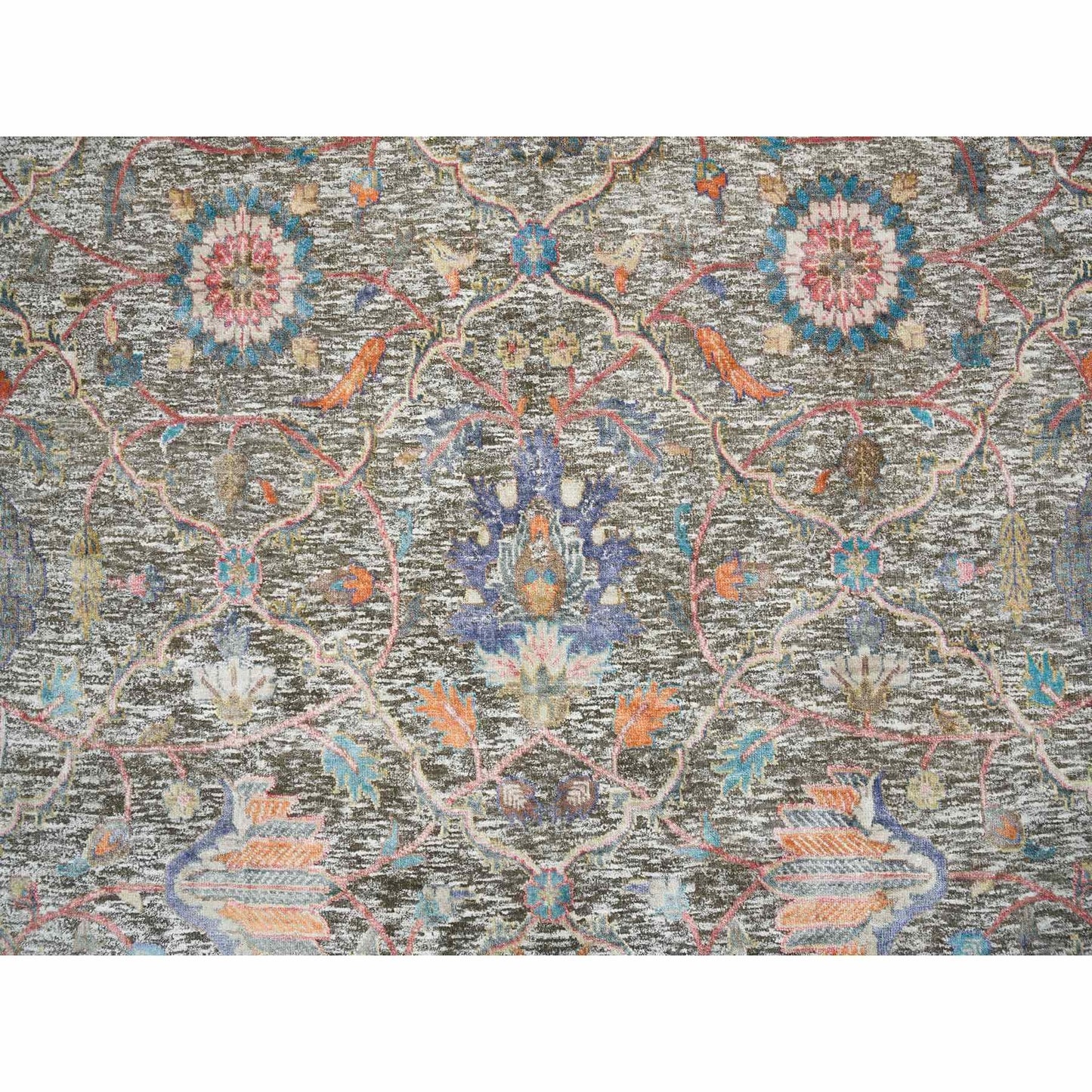 8'X10'1" Taupe Hand Knotted Striae Pattern Silk Textured Wool Rug