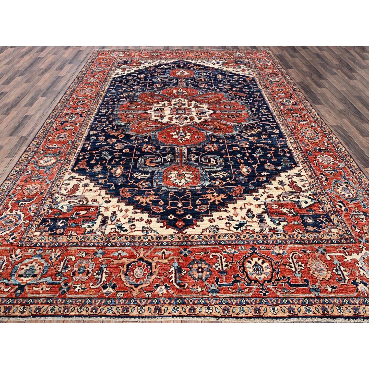 9'2"X12'8" Midnight Blue Seeripe Heris Hand Knotted High Mountain Wool Rug