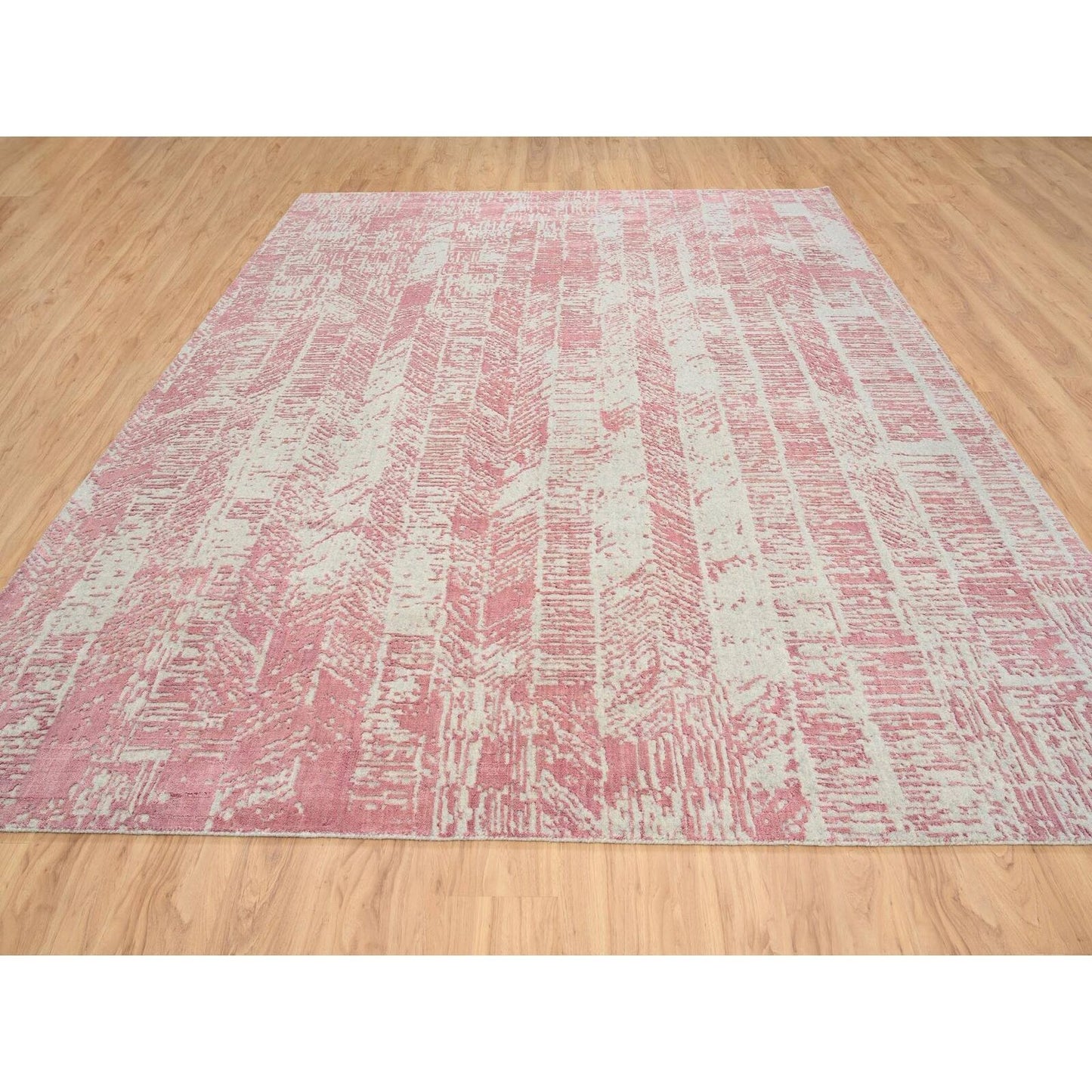 9'X11'10" Pink Jacquard Hand Loomed All Over Design Wool And Silk Rug