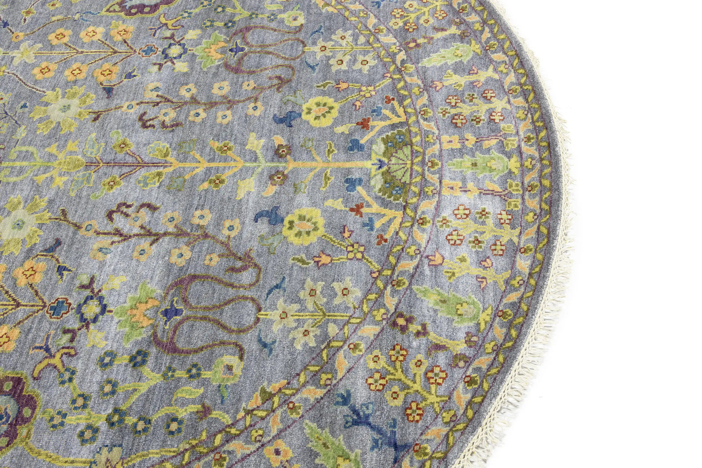 Hand-Knotted Round Oriental Rug Floral Osh Chobi