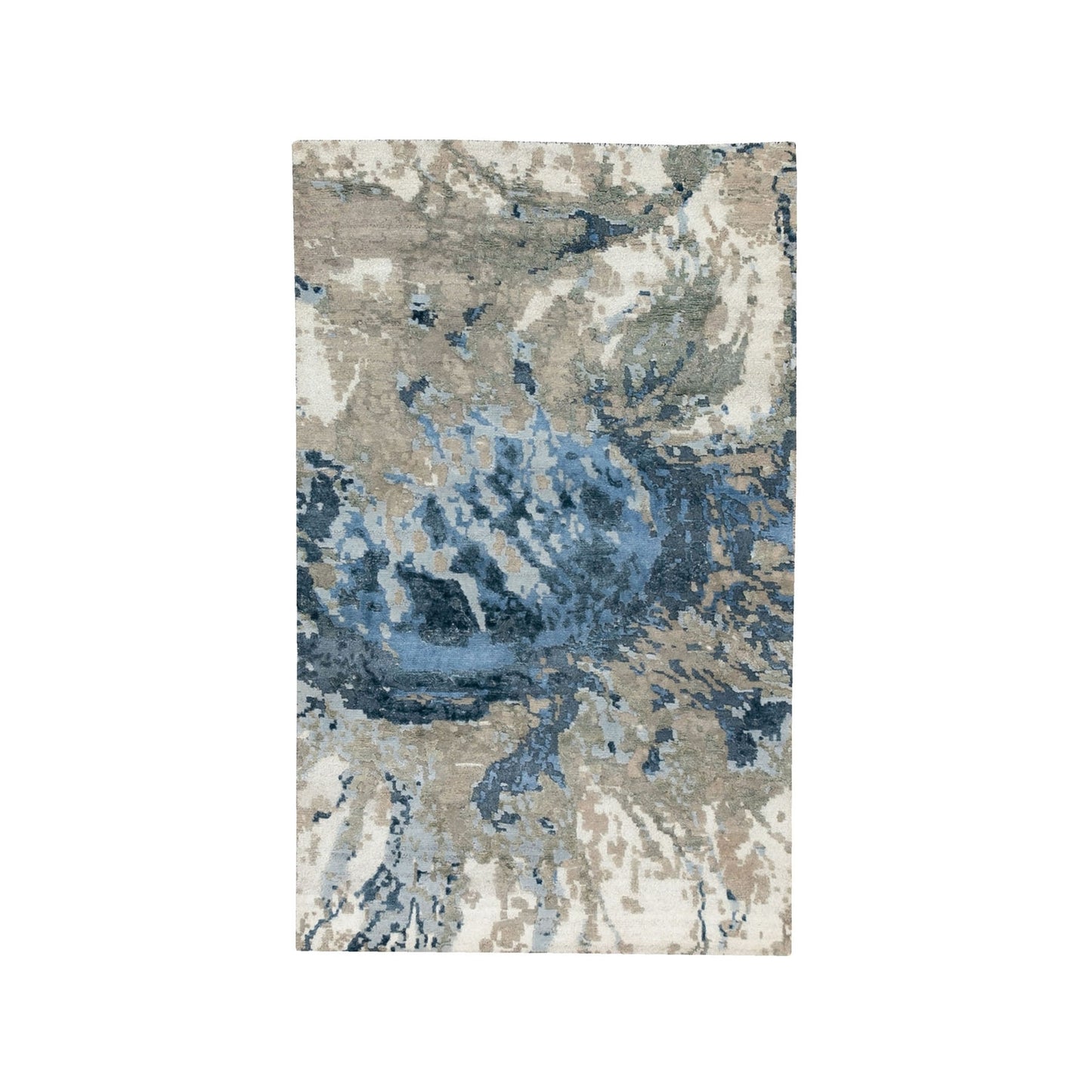 3'1"X5' Blue-Ivory Abstract Design Wool-Silk Hi-Low Pile Hand Knotted Rug