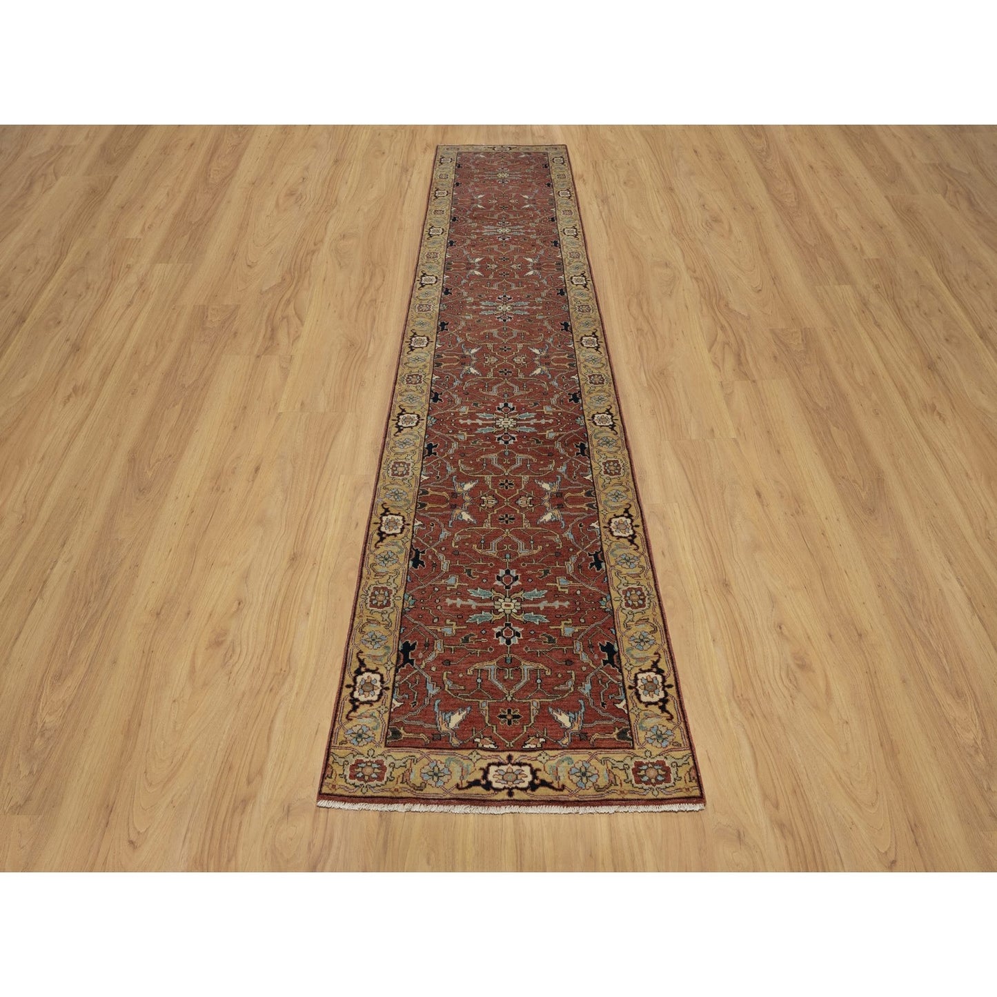 2'8"X14'1" Red Antiqued Heris Re-Creation Hand Knotted Wool Runner Rug