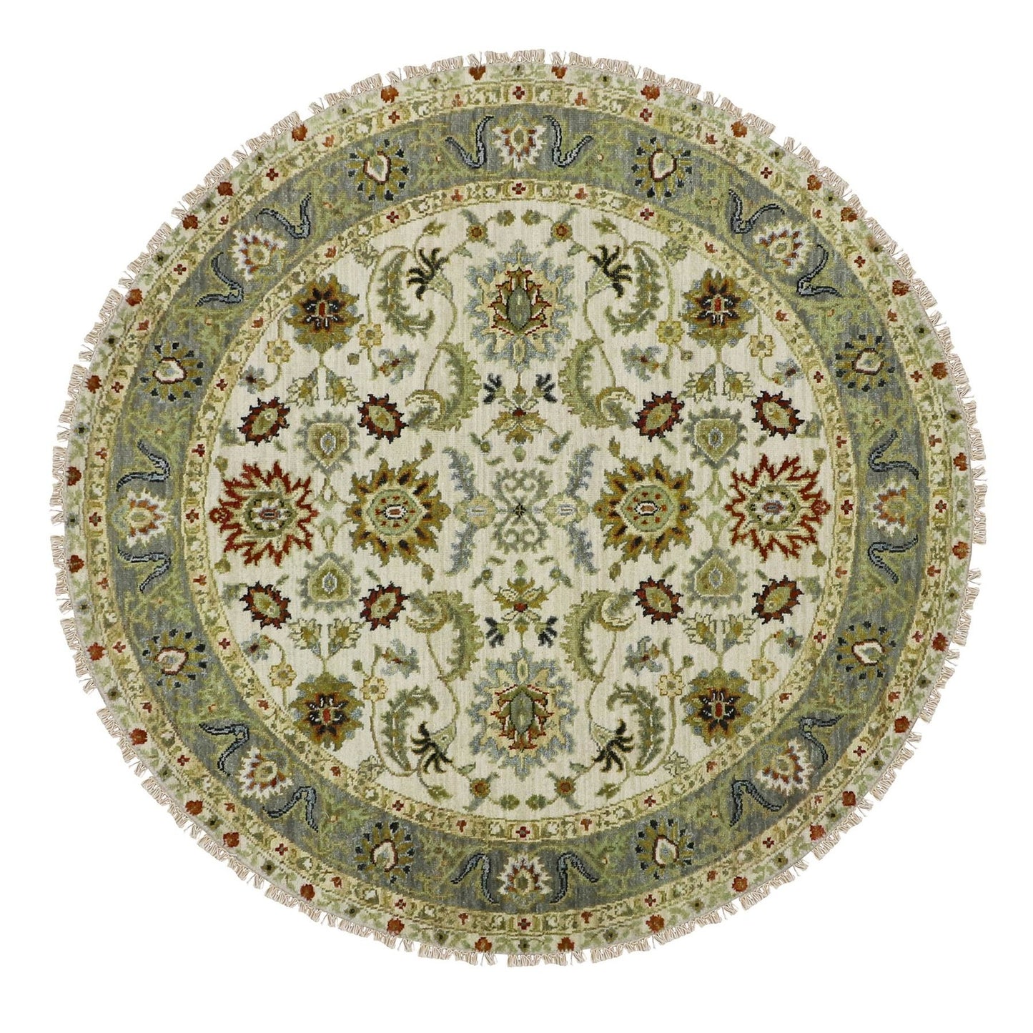 4'2"X4'2" White Agra Ziegler Design Pure Wool Hand Knotted Round Rug