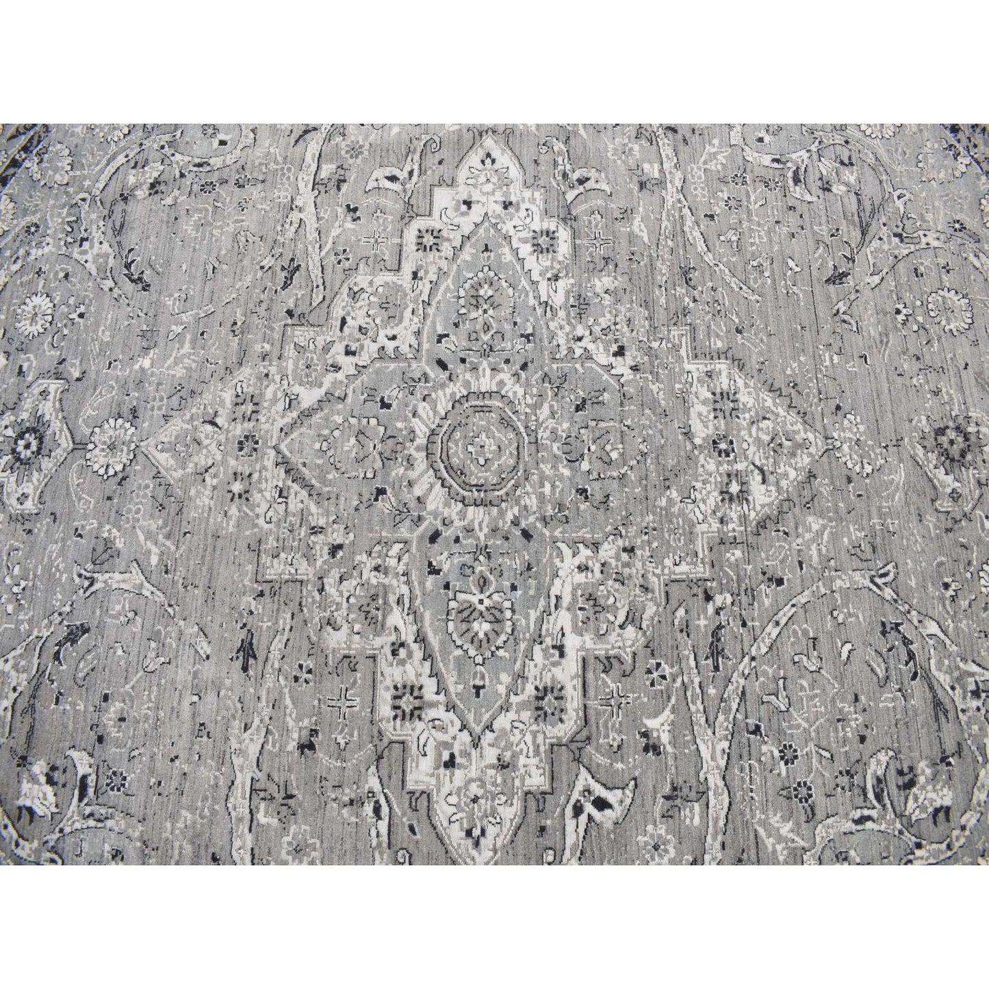12'X12' Gray Broken Zoroastrian Design Silk/Wool Hand Knotted Round Rug