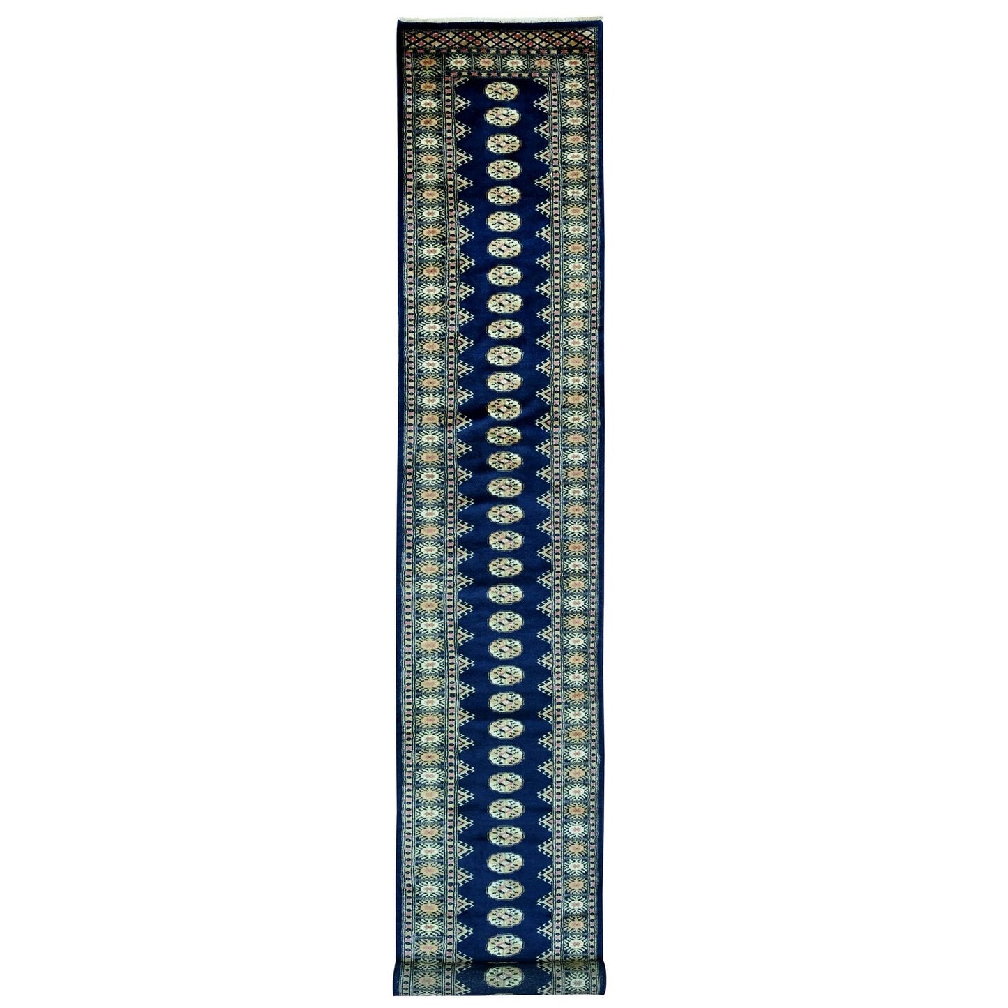2'6"X16'10" Blue Mori Bokara Geometric Motif Wool Hand Knotted Runner Rug