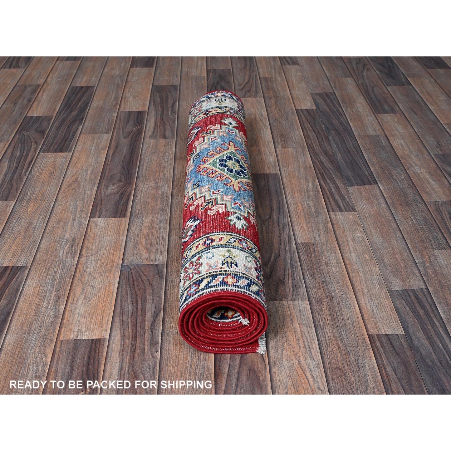 2'9"X6'6" Red Kazak With Geometric Design Soft Wool Hand Knotted Runner Rug