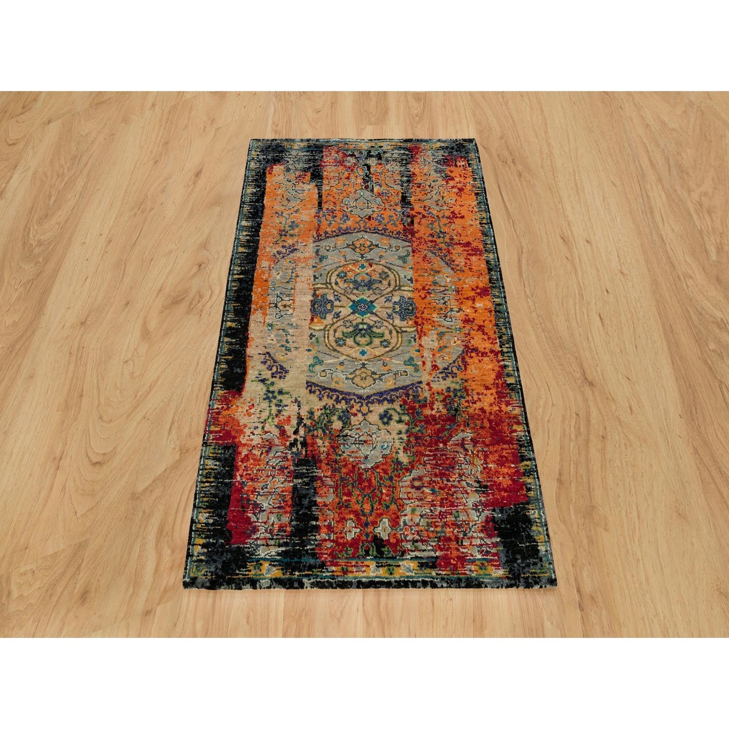 3'2"X5'1" Coral Rose Red Hand Knotted Ancient Ottoman Erased Design Rug