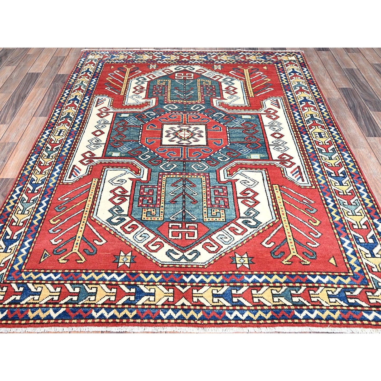 5'X6'6" Pepperoni Red Wool Antiqued Caucasian Swan Kazak Hand Knotted Rug