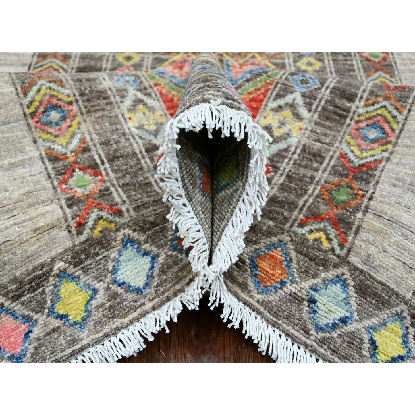 8'1"X9'6" Gray Geometric Design,Berber Influence Wool Hand Knotted Rug