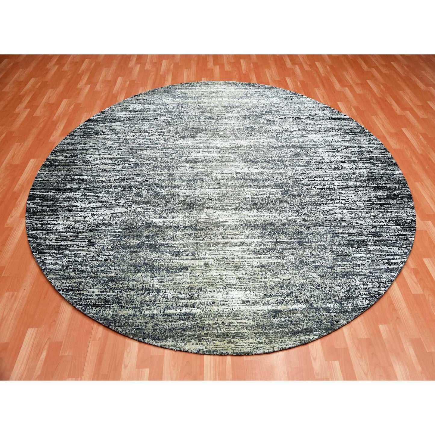 10'X10' Black Striae Design Wool And Silk Hand Knotted Round Rug