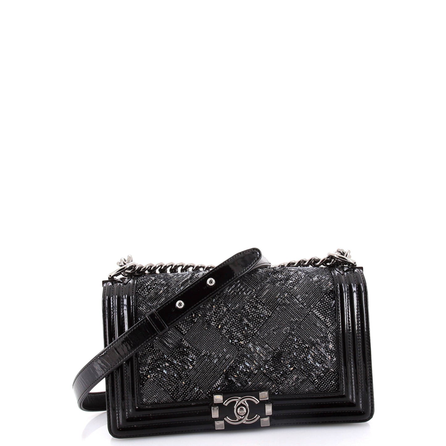 Chanel Boy Flap Bag Sequin With Patent Old Medium