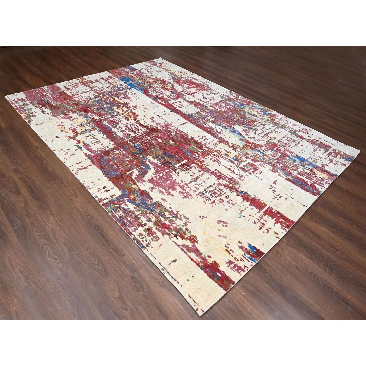 9'3"X12'2" Accessible Beige Pure Wool Abstract Design Hand Knotted Rug