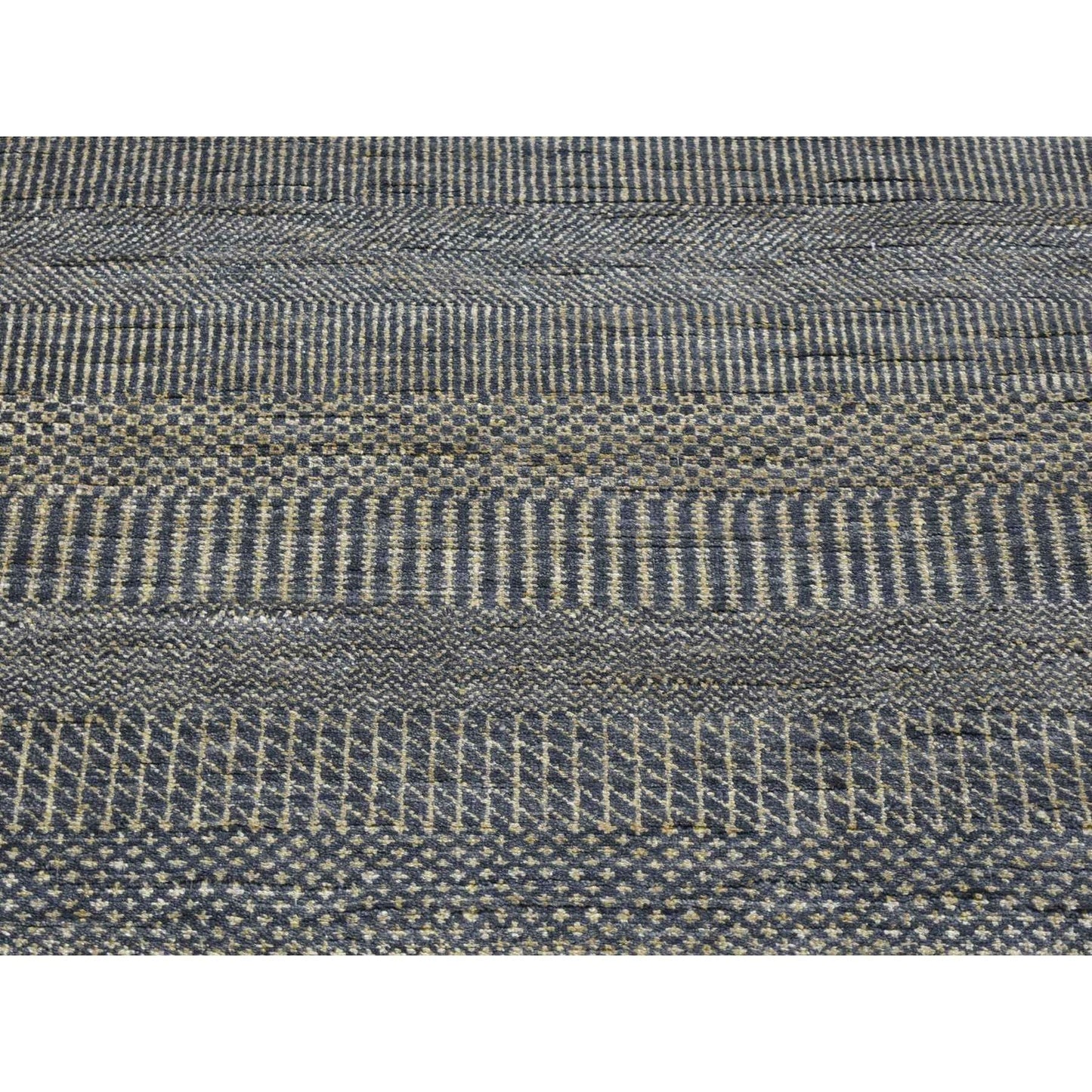 2'8"X10' Black Hand Knotted Wool And Silk Modern Grass Design Runner Rug