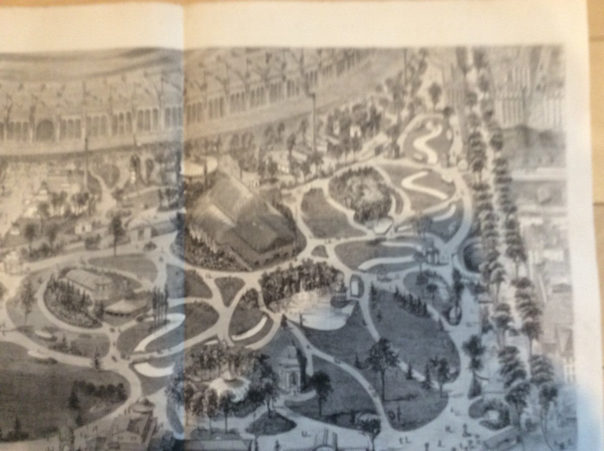 1867 Paris Exposition Wood Engraving Panorama Belgian Quarter & Gardens Ciceri