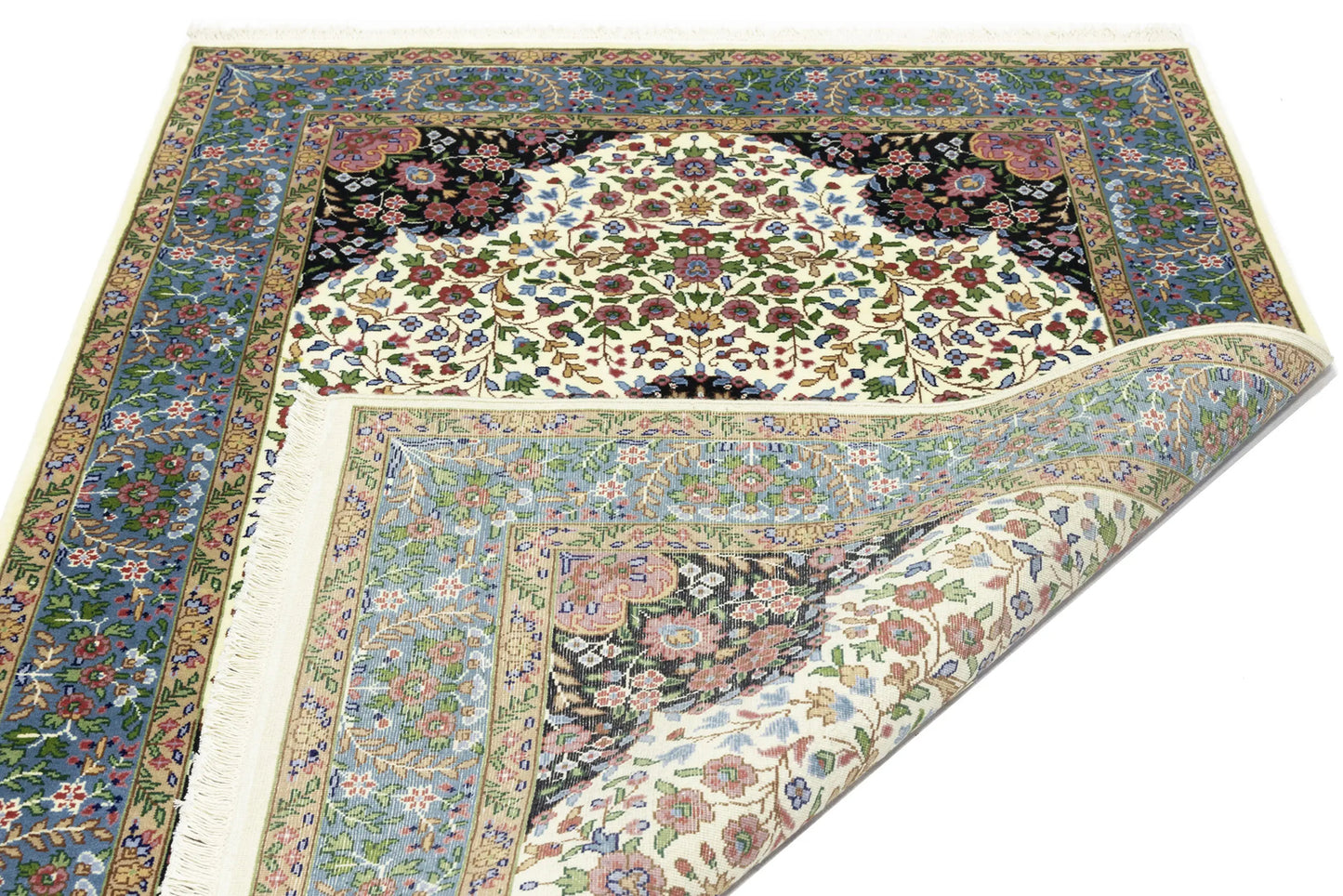 Handmade Kirman Oriental Rug Cream & Blue Floral