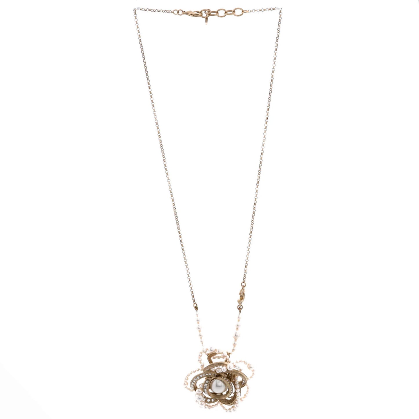 Chanel Camellia Pendant Necklace Metal With Crystals And Faux Pearls