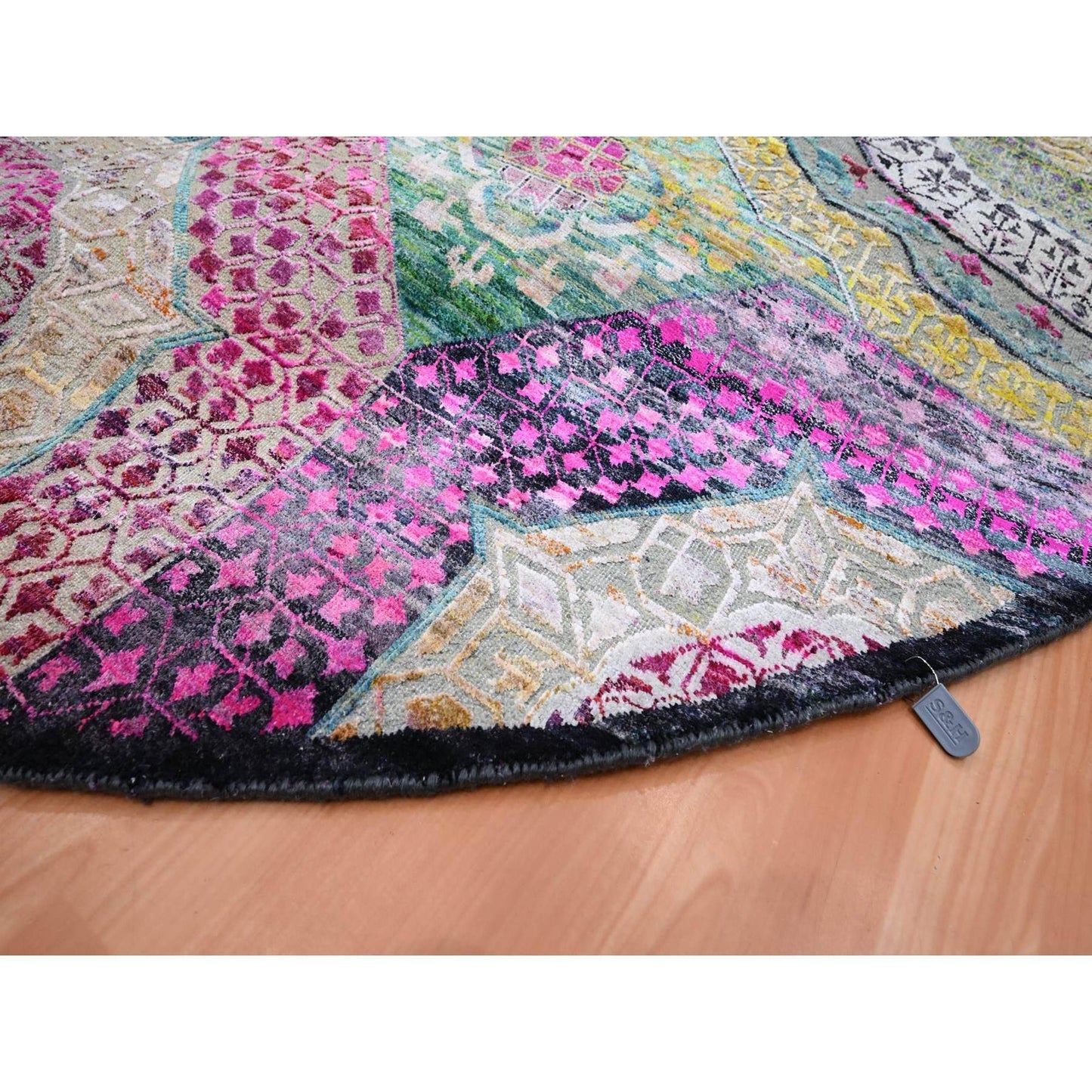 8'1"X8'1" Yellow Mamluk Design Sari Silk With Wool Hand Knotted Round Rug