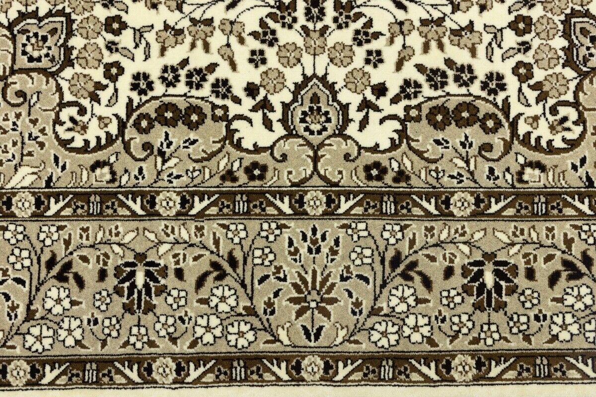 Hand-Knotted Kirman Square Rug Cream Floral Wool