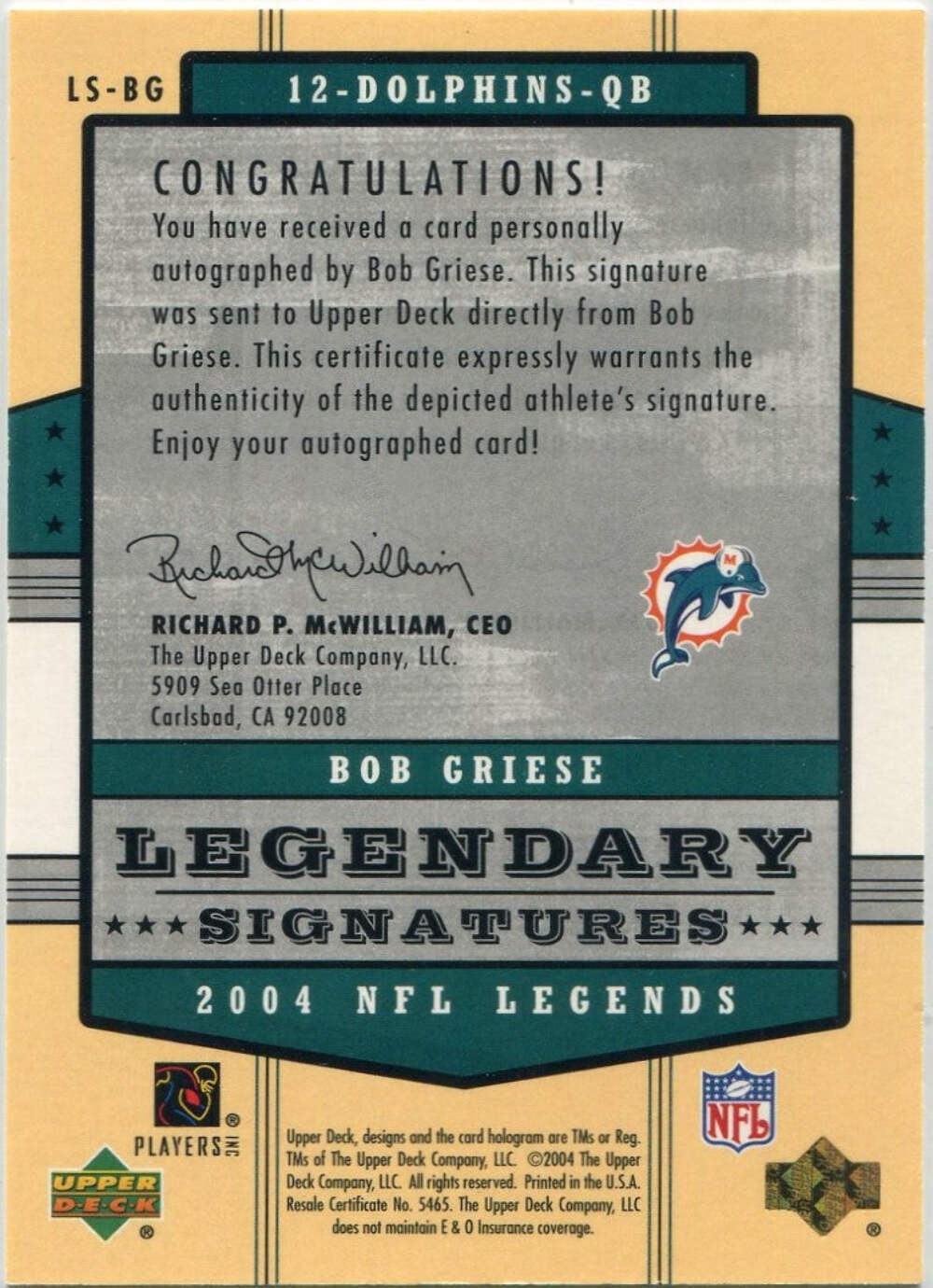 Bob Griese 2004 Upper Deck Legendary Signatures Autographed Card #Ls-Bg