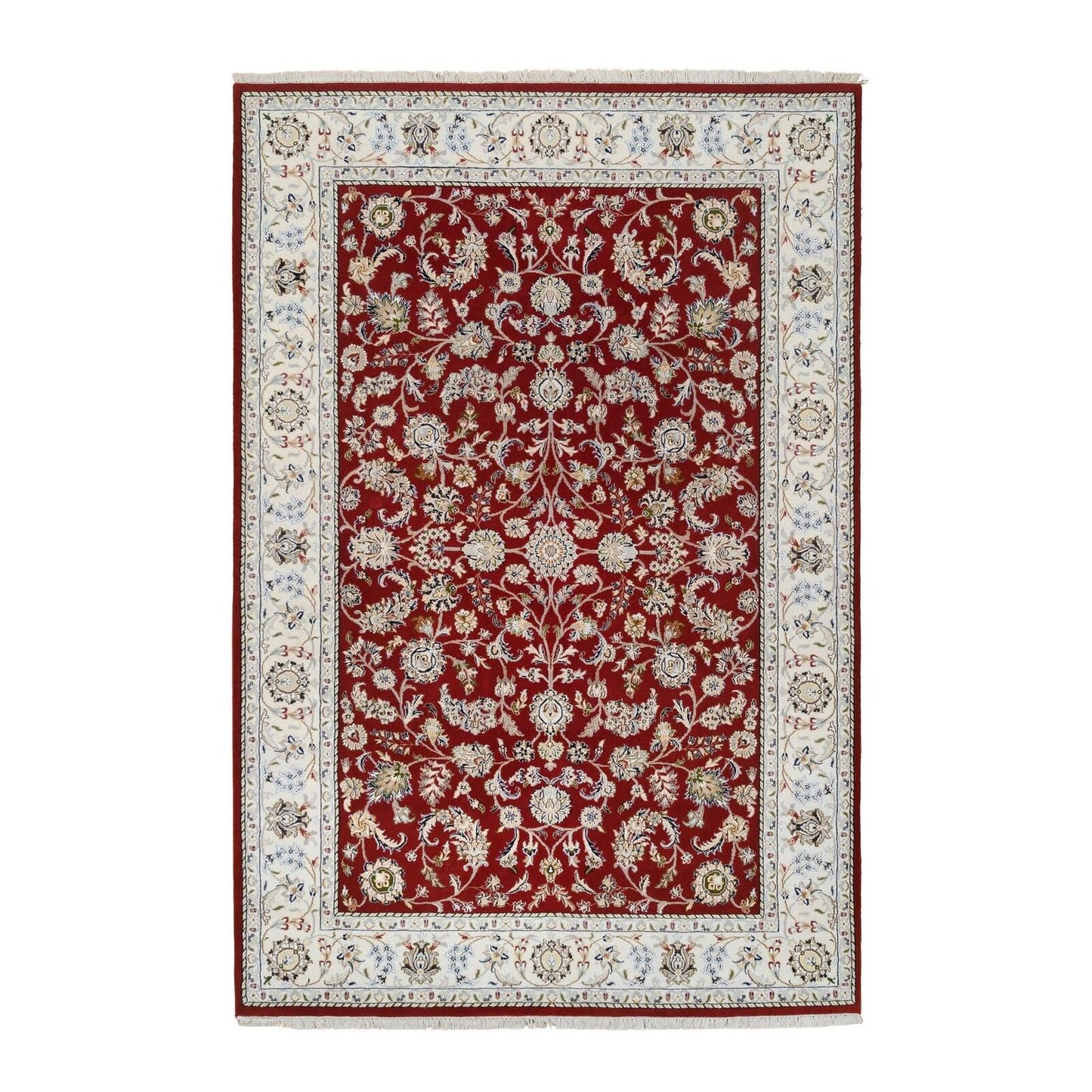6'X8'10" Cherry Red Nain Flower Design 250 Kpsi Wool Hand Knotted Rug