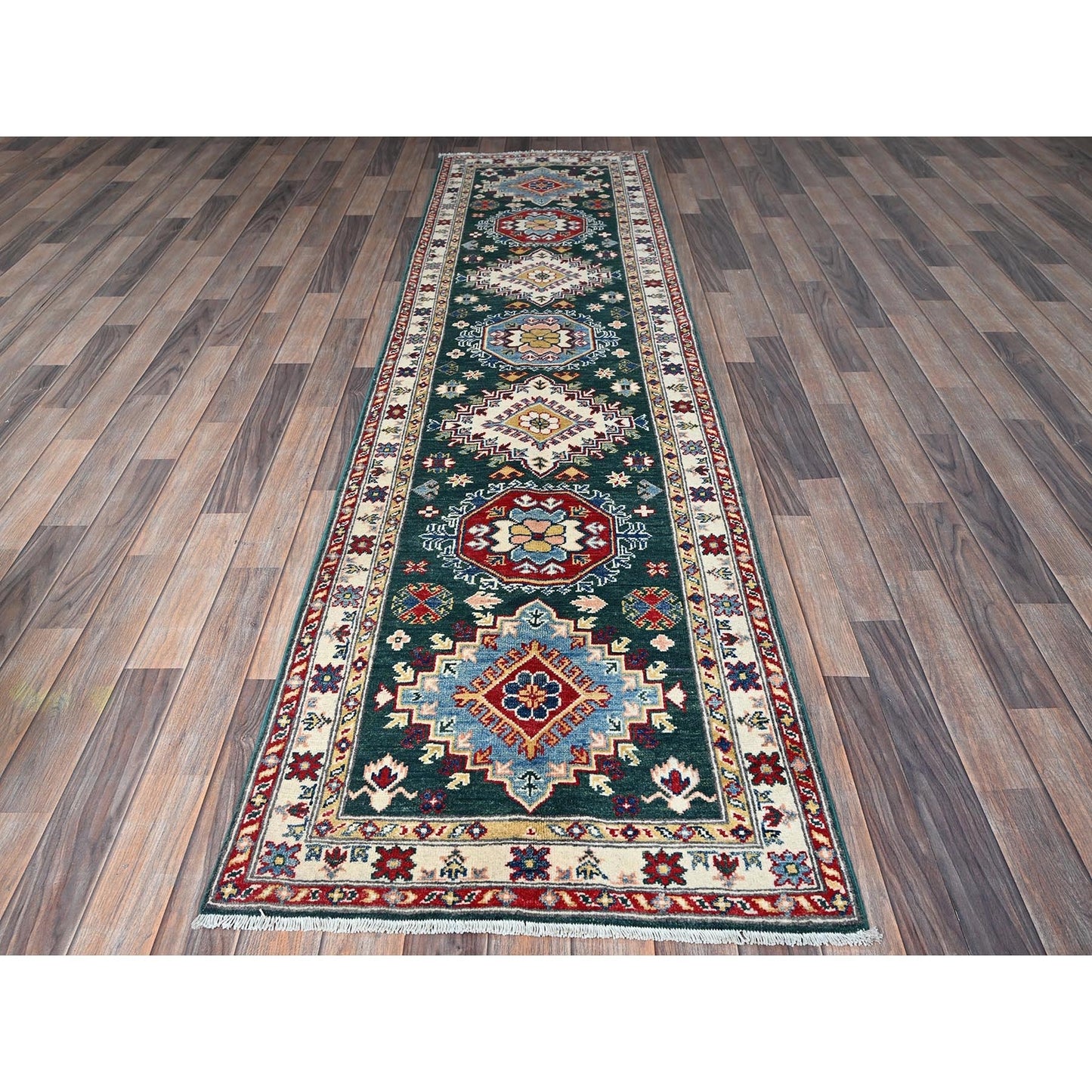 2'6"X9'9" Green Kazak With Medallions Design Wool Hand Knotted Runner Rug