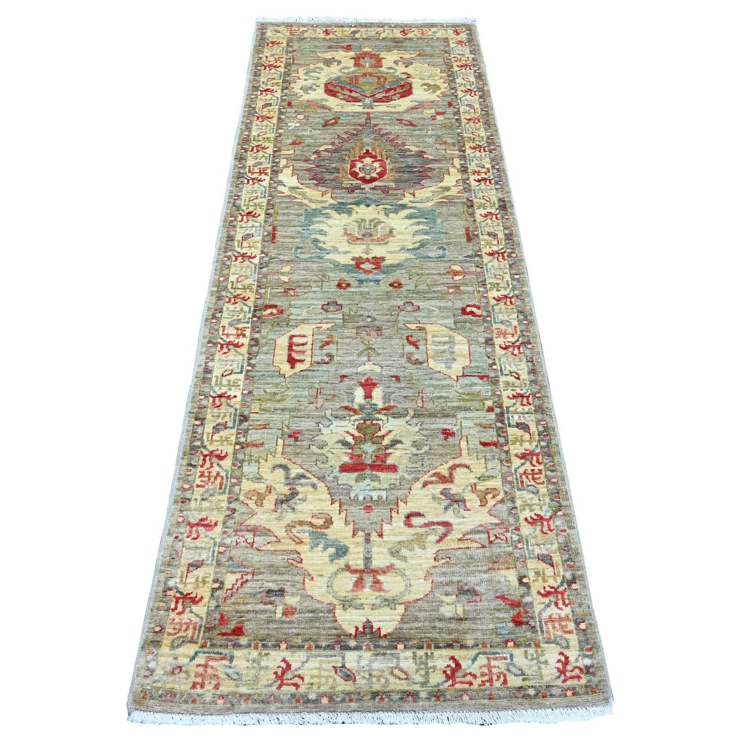 2'7"X7'7" Gray Heris With Dragon Design Pure Wool Hand Knotted Runner Rug