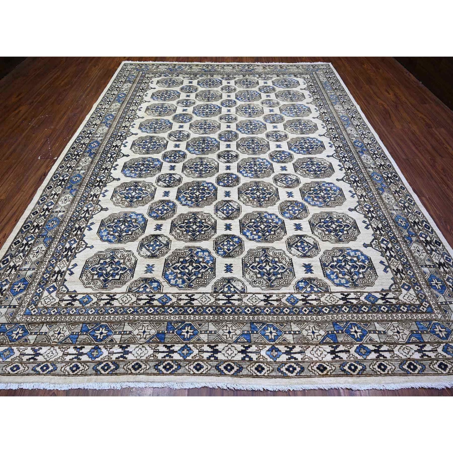9'1"X12' Porcelain Ivory Afghan Ersari Design Hand Knotted Wool Rug