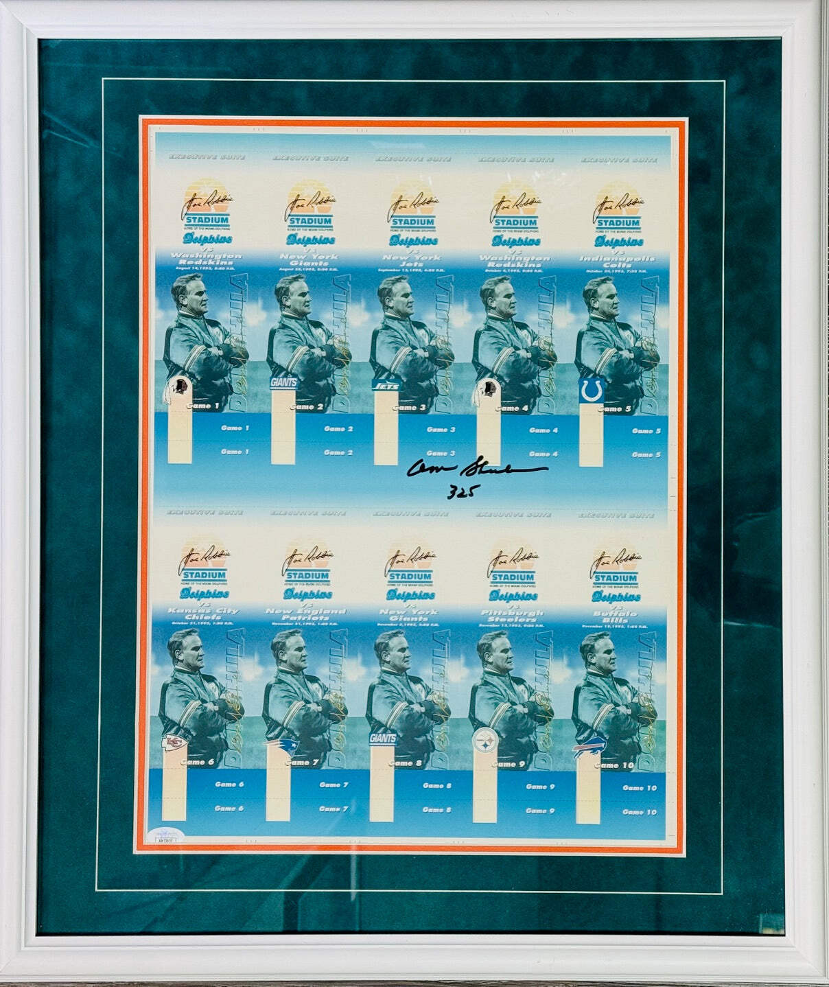 Don Shula Signed 16X20 Framed Uncut Executive Suite Ticket Press Sheet (Jsa)