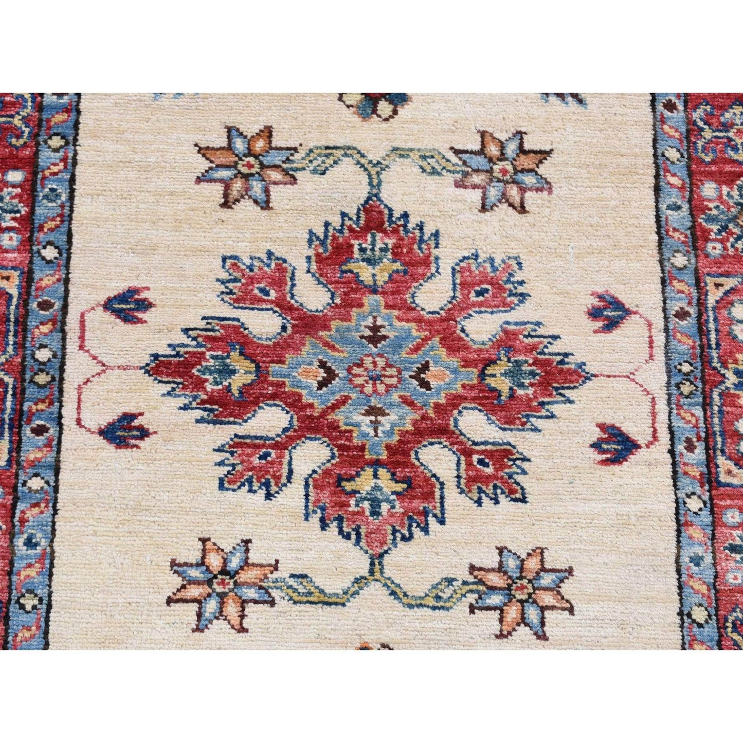 2'9"X8'7" Bone White Afghan Super Kazak Hand Knotted Pure Wool Runner Rug