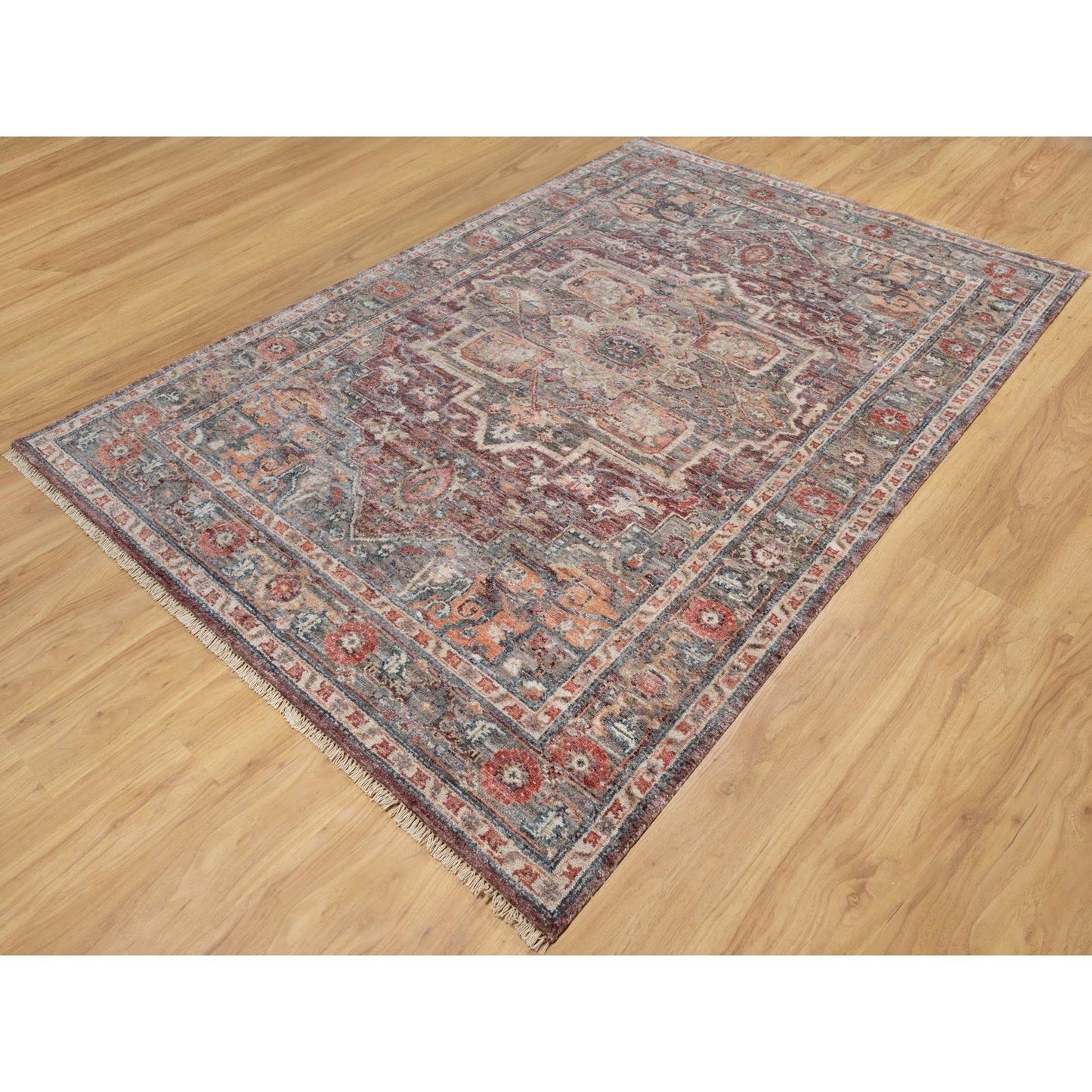 5'10"X9' Tuscan Red Hand Knotted Wool Heris Revival Oriental Rug