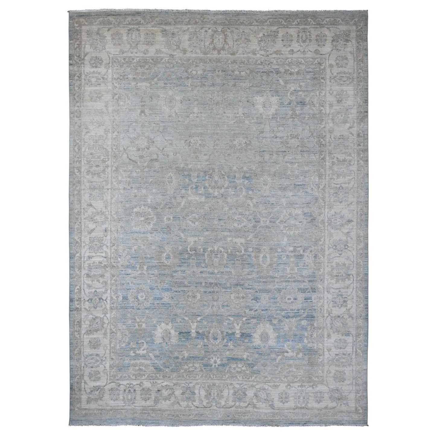 8'8"X12' Blue White Wash Peshawar Leaf Design Hand Knotted Pure Wool Rug