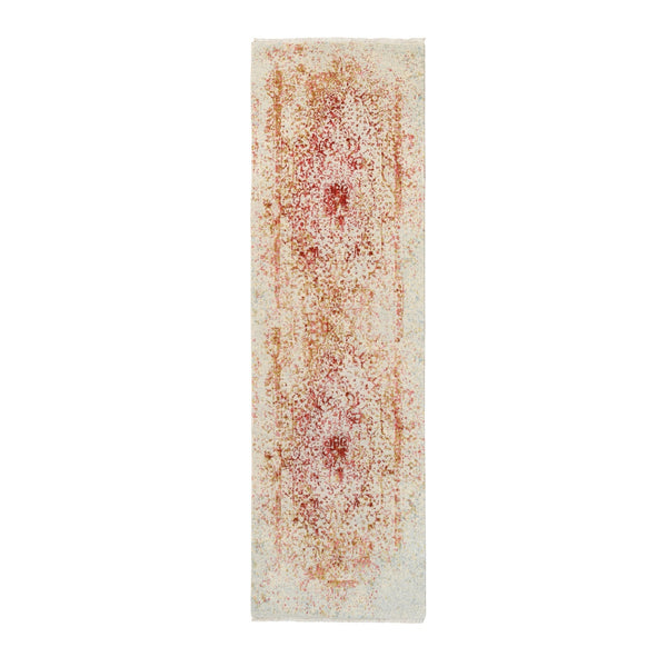 2'4"X8' Hand Knotted Pink Farsian Erased Design Wool/Silk Runner Rug