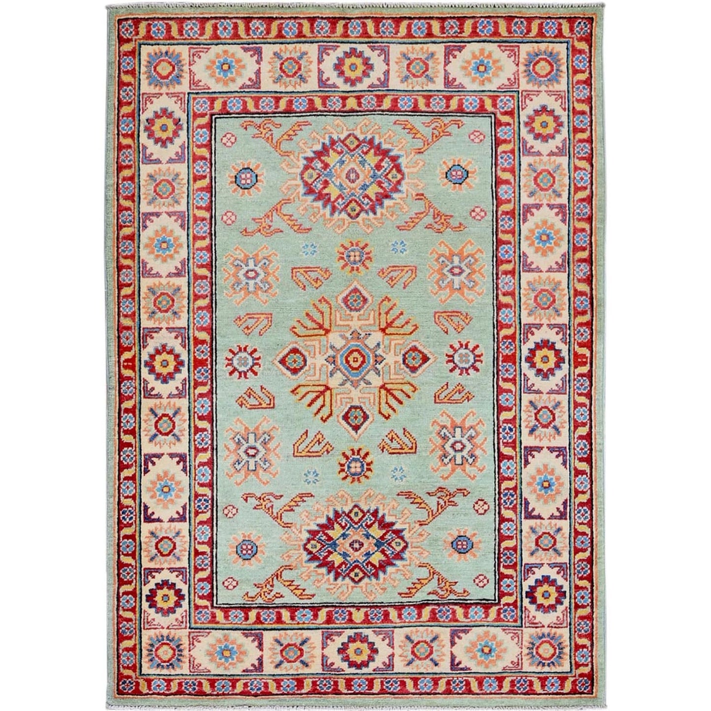 3'5"X5' Honeydew Green Kazak With Tribal Design Soft Wool Hand Knotted Rug