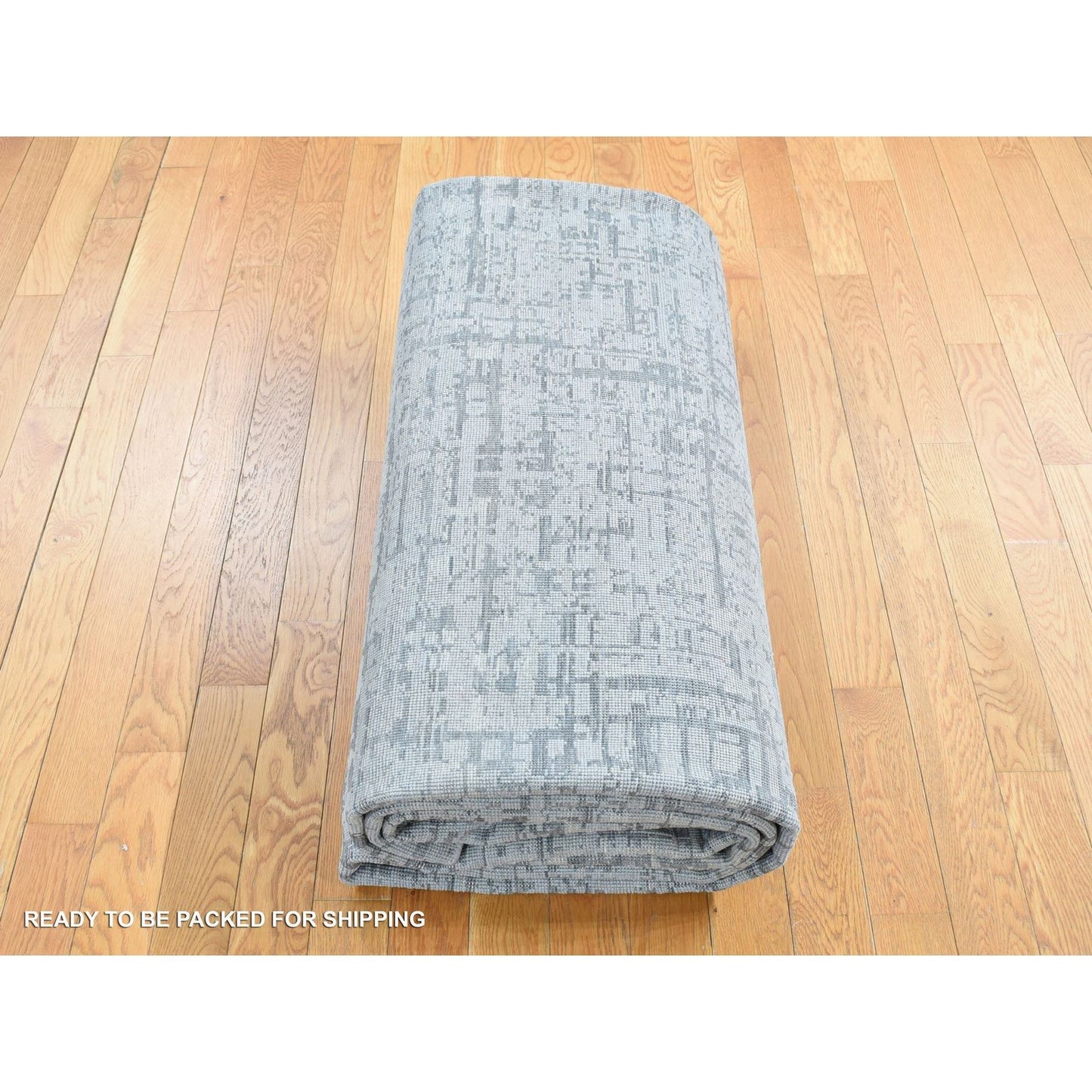 9'2"X12'3" Gray The Matrix Design Silk And Wool Hand Knotted Rug