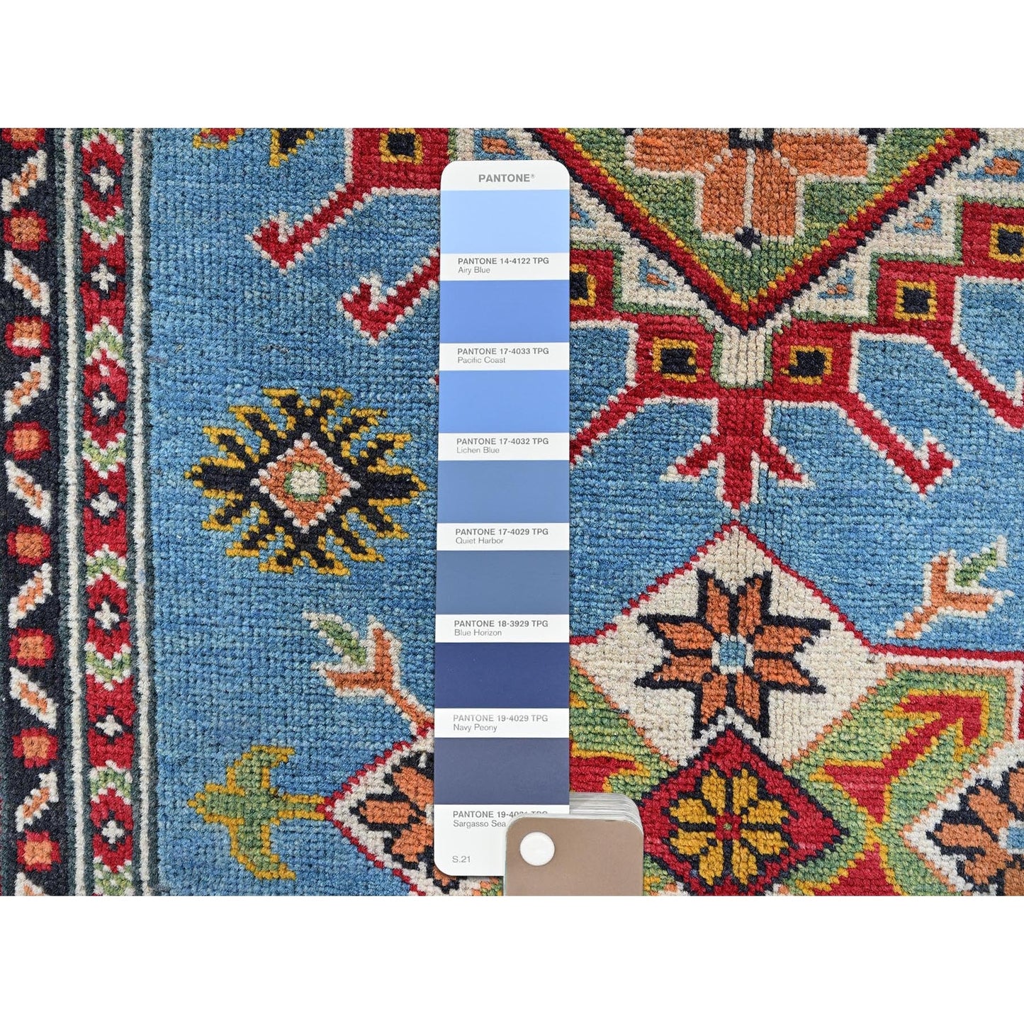 3'4"X4'10" Blue Kazak Geometric Design Hand Knotted Soft Wool Oriental Rug