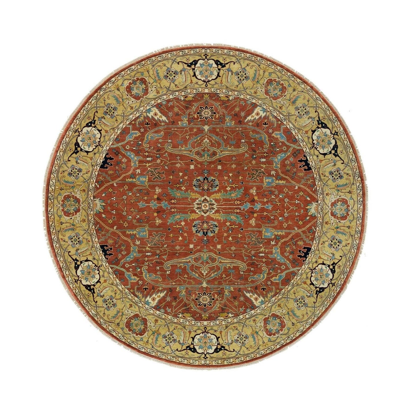 10'X10' Rust Red Fine Heris Re-Creation Wool Hand Knotted Round Rug