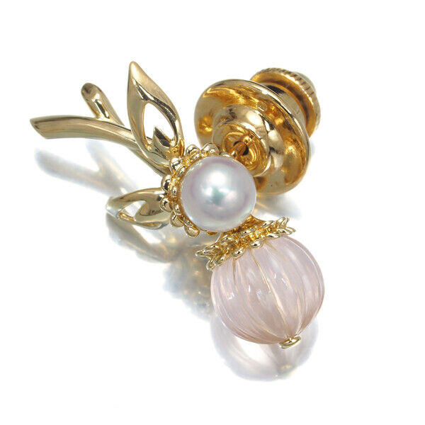 Mikimoto Brooch Rose Quartz Akoya Pearl 5.5Mm Flower 18K 750 Yellow Gold
