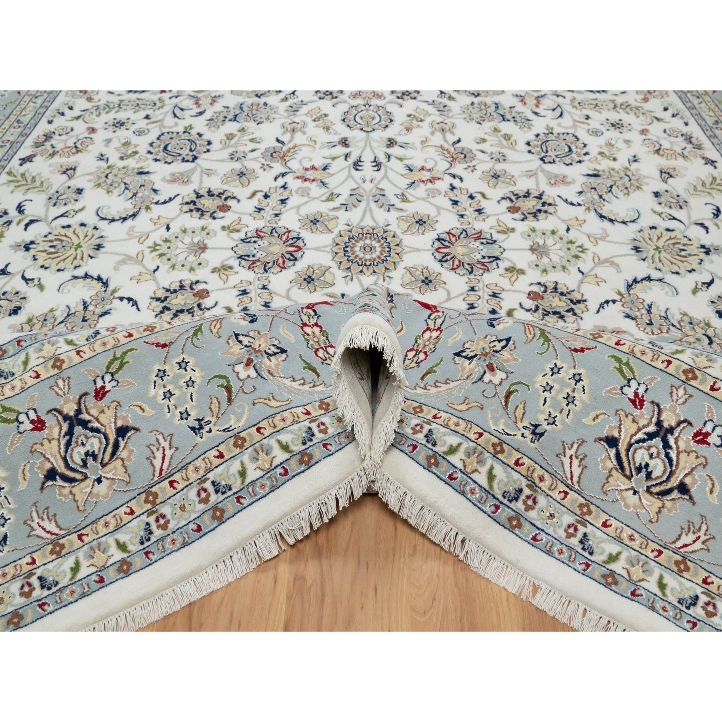 10'2"X10'2" White Nain Flower Motif Wool And Silk Hand Knotted Square Rug