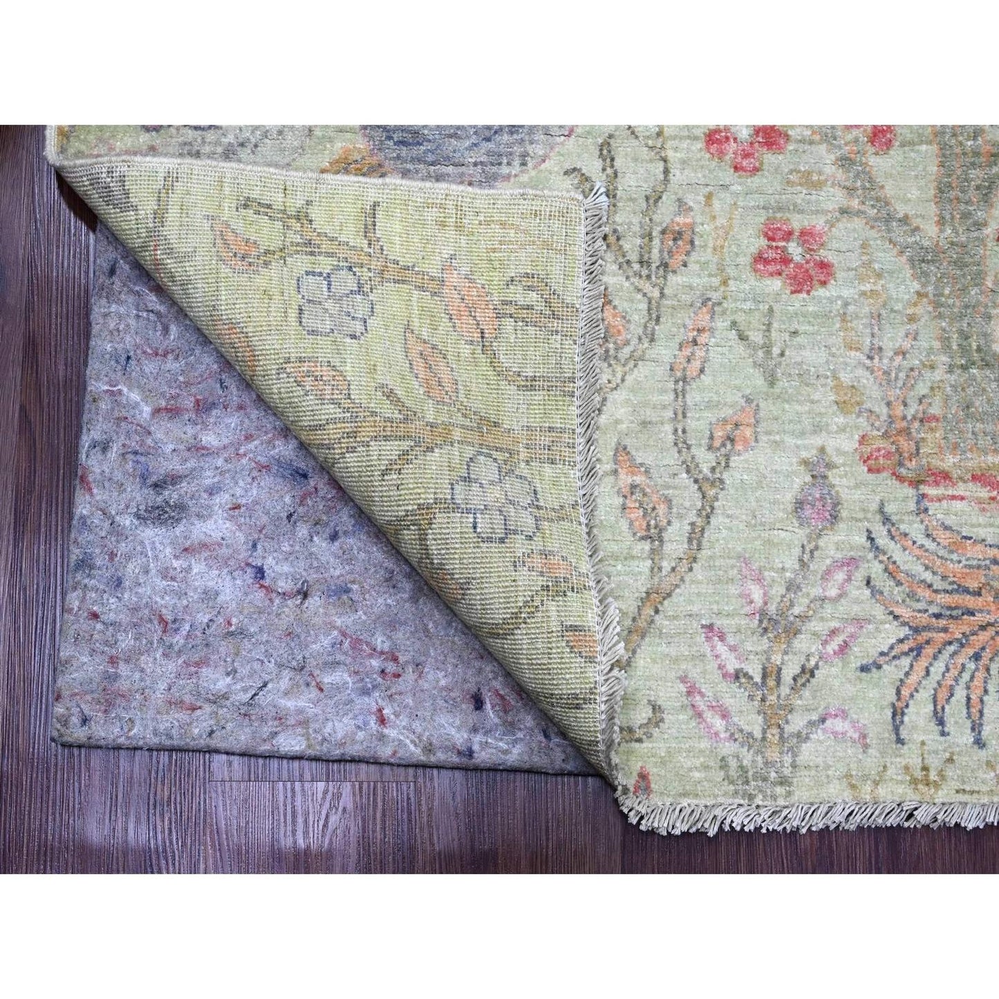 8'X8' Swamp Green Hand Knotted Peshawar Birds Design Soft Wool Square Rug