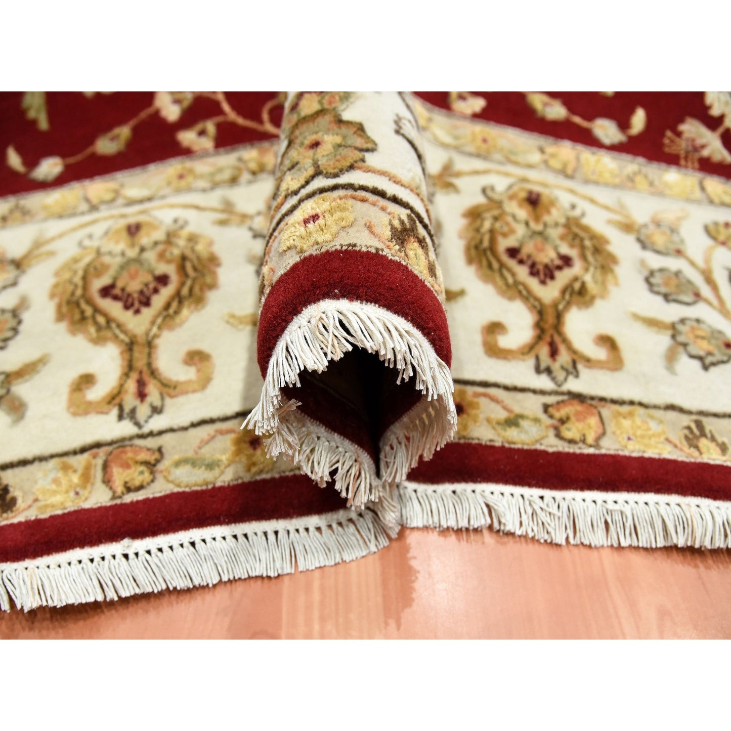 9'X12' Burgundy Red Rajasthan Design Wool And Silk Hand Knotted Rug