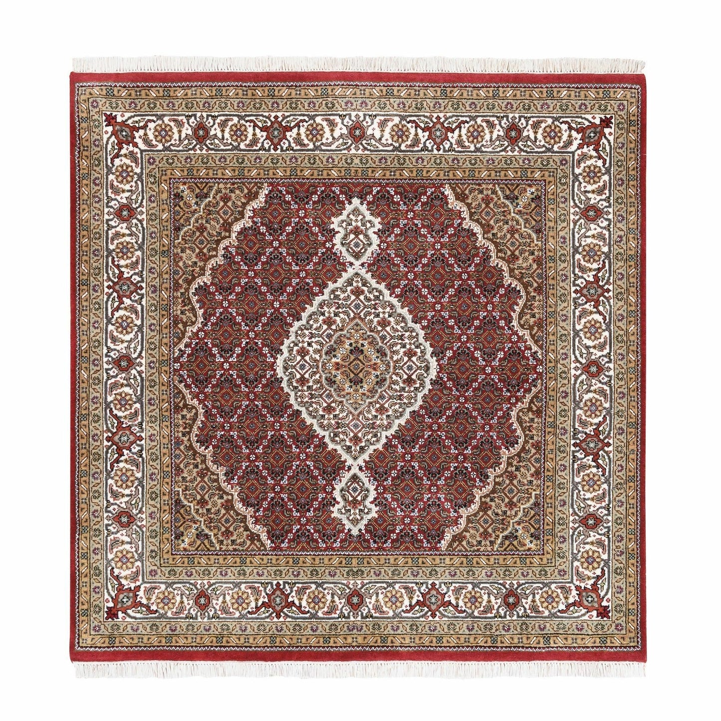 5'X5' Red Hand Knotted Tebraz Mahi Fish Design Wool-Silk Square Rug